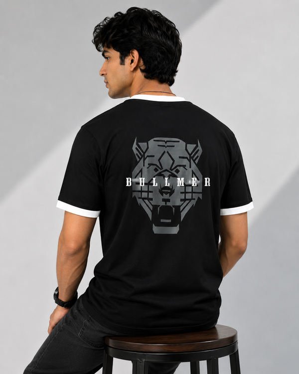 Geometric Lion Black Men's Classic Fit Contrast Neck T-Shirt