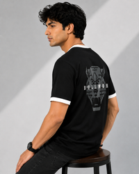 Geometric Lion Black Men's Classic Fit Contrast Neck T-Shirt