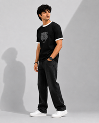 Geometric Lion Black Men's Classic Fit Contrast Neck T-Shirt