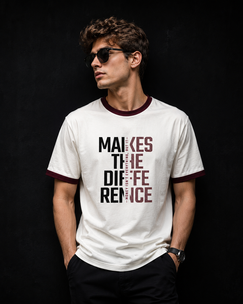 Makes the Difference White Men's Classic Fit Contrast Neck T-Shirt
