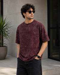 Crimson Drift Maroon Acid Wash Men's Oversized T-Shirt