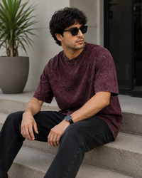 Crimson Drift Maroon Acid Wash Men's Oversized T-Shirt