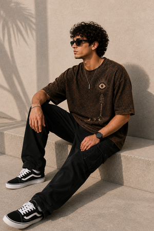 Stay Aware Brown Oversized Graphic T-Shirt