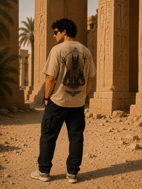 Anubis Guard Beige Oversized Graphic T-Shirt