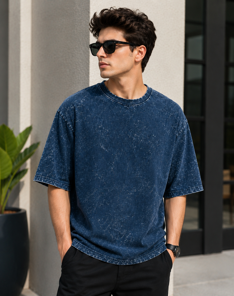 Ocean Mist Navy Acid Wash Men's Oversized T-Shirt
