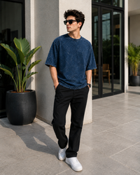 Ocean Mist Navy Acid Wash Men's Oversized T-Shirt