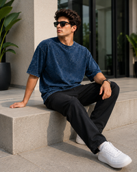 Ocean Mist Navy Acid Wash Men's Oversized T-Shirt