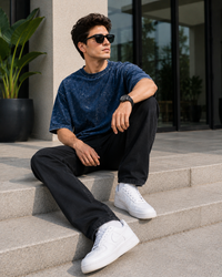 Ocean Mist Navy Acid Wash Men's Oversized T-Shirt