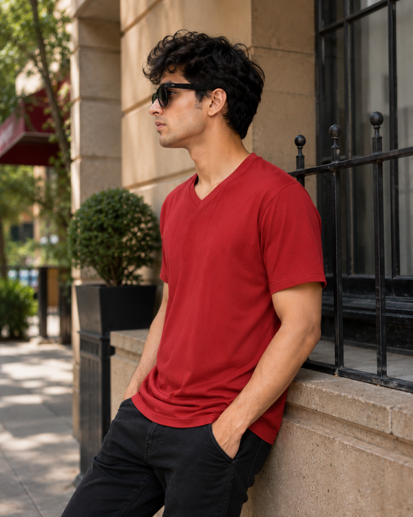 Minimal Graphic Red Men's Classic Fit Solid V-Neck T-Shirt