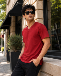 Minimal Graphic Red Men's Classic Fit Solid V-Neck T-Shirt