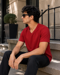 Minimal Graphic Red Men's Classic Fit Solid V-Neck T-Shirt