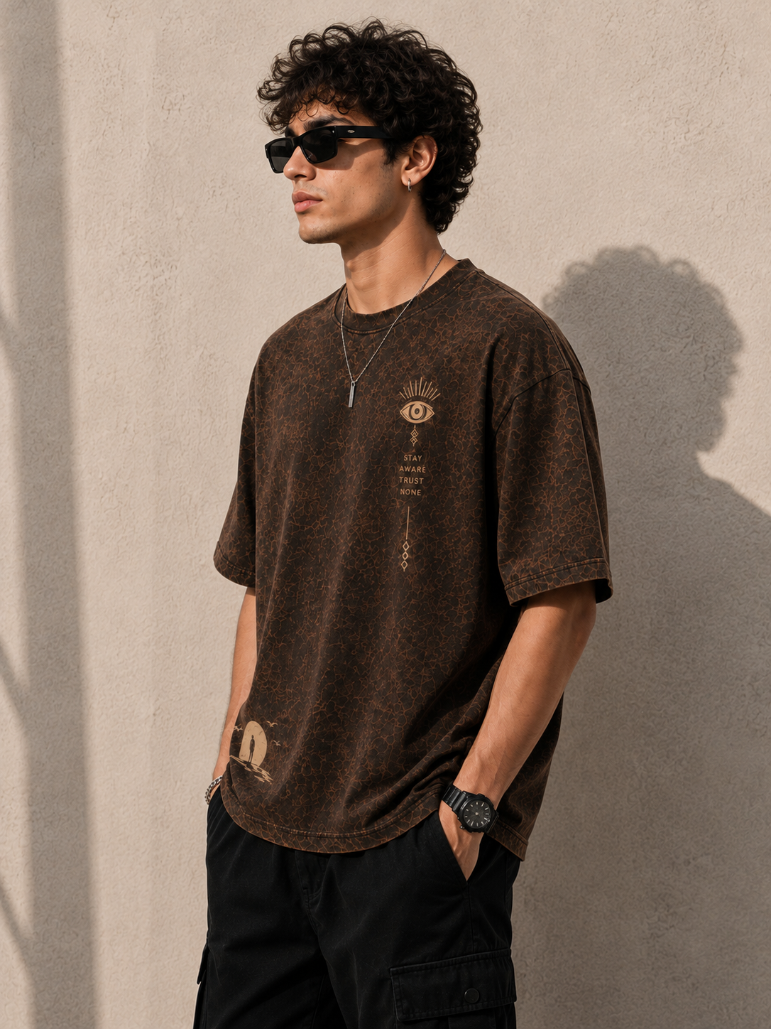 Stay Aware Brown Oversized Graphic T-Shirt