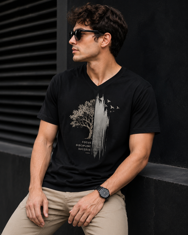 Lone Tree Black Men's Classic Fit V-Neck T-Shirt
