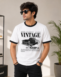 Vintage Garage White Men's Classic Fit Contrast Neck T-Shirt