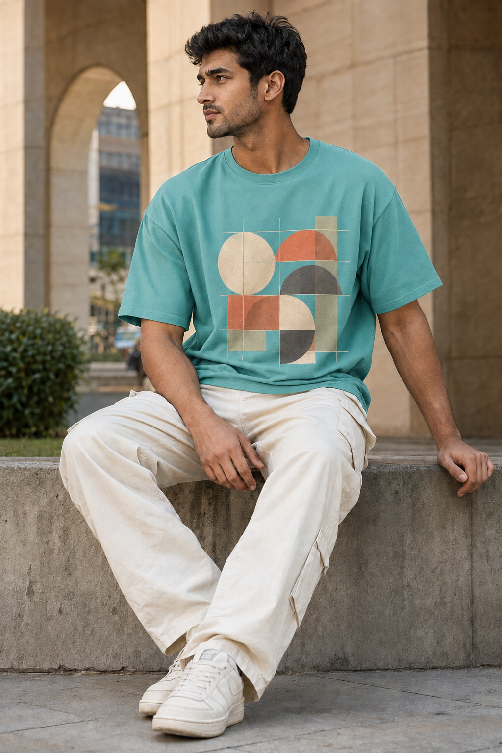 Rivento GeoForm Abstract Graphic Oversized T-Shirt – Sky Blue