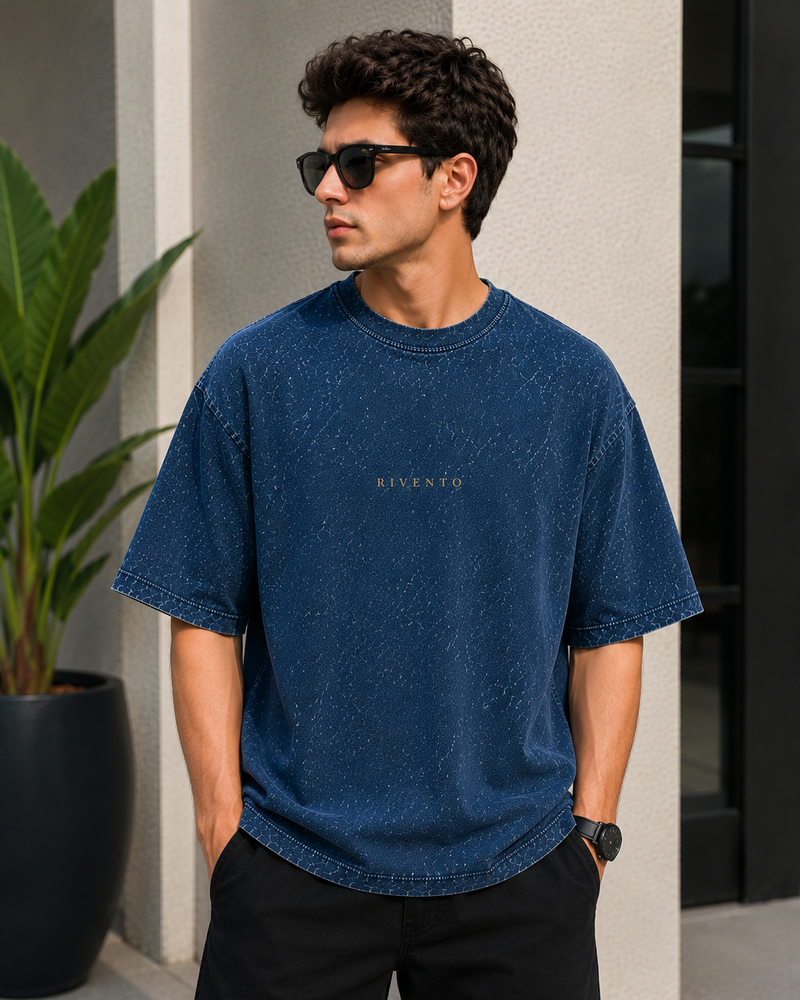 Yama Cosmic Legacy Acid Wash Oversized T-Shirt – Navy Blue